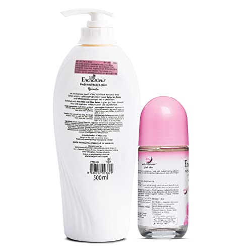 Image of Enchanteur Romantic Perfumed Body Lotion, 500ml, with Aloe Vera & Olive Butter for Silky Smooth Skin & Enchanteur Romantic Roll-On Deodorant for Women, 50ml with Roses & Jasmine Extracts