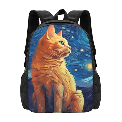 Commuter Unisex Ginger Cat Starry Night Backpack Spacious Compartments for Work Essentials Casual Outings & Trips 17 Inch