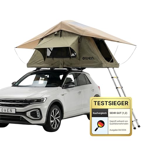 Owen Dachzelt Two Olivgrün | Autodachzelt für 2 Personen + 1 Kind | 140 x 240 cm Liegefläche | Wetterfest & robust | Inkl. Matratze & Leiter