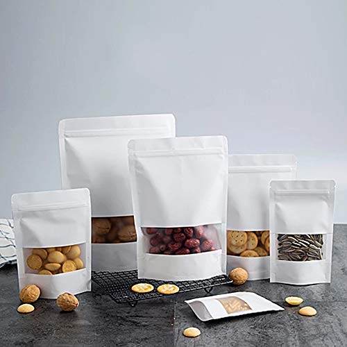 QQ Studio 5.5MIL Thick White Kraft Paper Window Stand-up Resealable QuickQlick Bag Set For Bake Sale, Gifting and Pantry Organization (5 Sizes Assortment Pack with Stickers)