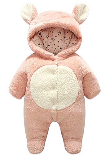 BANGELY Newborn Baby Boys Girls Cartoon Bear Fleece Jumpsuit Romper Winter Warm Windproof Snowsuit Wool Lamb Footies Playsuit Pink