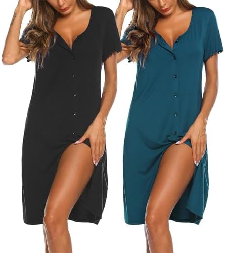 Ekouaer 2er Nachthemd Damen Kurzarm Knöpfen Schlafshirt Kurz Sleepshirt Knopfleiste Nachtwäsche S-XXL