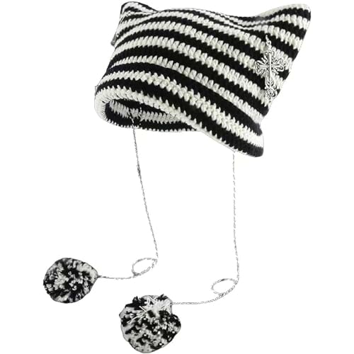 Grunge Gorros de punto de ganchillo para mujeres y niñas Fox Cat Ear gótico Emo Alt Y2K Accesorios Grunge Ropa, Blanco, Talla única