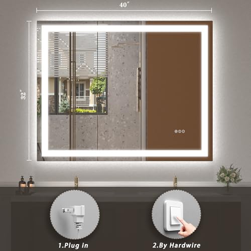 Image of 40x32 Smart Led Mirror for Bathroom, Dimmable Vanity Mirror with Lights, Backlit and Front Lit Makeup Mirror for Wall, Anti-Fog (Horizontal /Vertical)