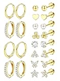 Jstyle Hypoallergenic 14k Gold Plated Stud Hoop Earrings for Women Surgical Stainless Steel Flat Back Earrings Small Stack Hoops Cartilage Earring Set for Multiple Piercing Jewelry Gifts for Women A