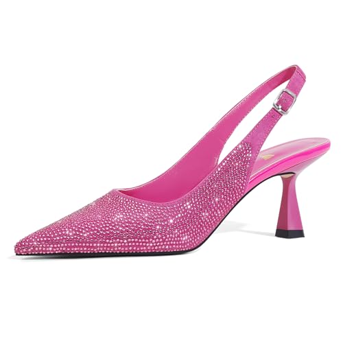 Image of LOCERICH Women's Kitten Heels Slingback Low Heel Dress Shoes Closed Toe Pumps Rhinestone Pointed Toe Sparkly Sling Back Bridal Wedding Party