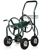 Dkeli Hose Reel Cart Garden Hose Carts with Wheels Heavy Duty Portable Water Hose Cart 4 Wheels Outdoor Yard Lawn Planting Truck with Storage Basket