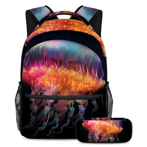 Sac à dos méduse colorée artistique étanche avec grand compartiment et trousse