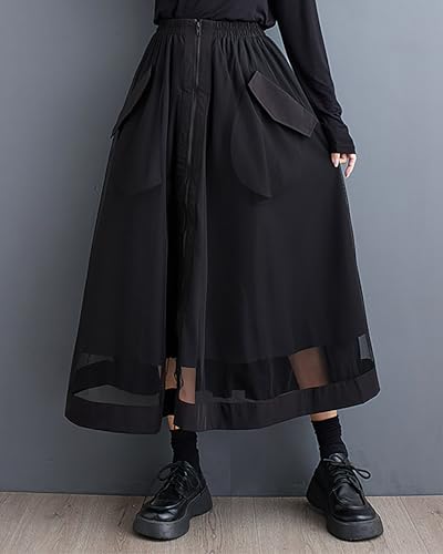 ellazhu Women's Skirt Wide Legs Elastic Waist Flowy Hem Sheer Zipper Two Side Pockets Loose Oversize Fall GZ2482