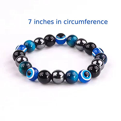 Image of Evil Eye Bracelet for Men Women - Triple Protection Bracelet - Tiger Eye and Black Obsidian Chakra Energy Healing Bracelet - 8mm Beads Good Luck Prosperity and Happiness Crystal Jewelry Stone