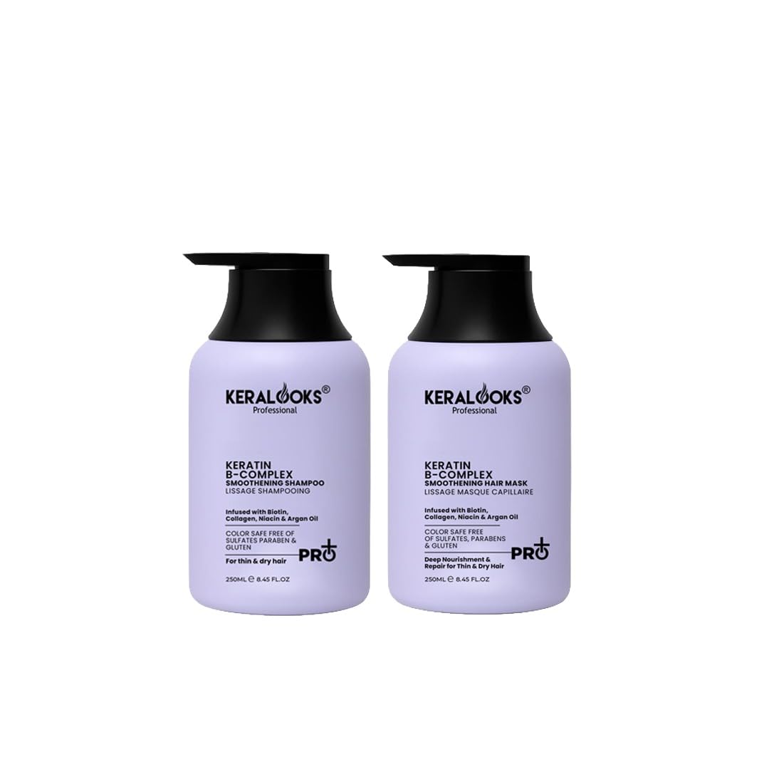 Keralooks Professional Keratin B-Complex Smoothening Hair (COMBO 250ML EACH) with Biotin, Collagen, Argan Oil, Sulfate-Free, for Dry Damaged & chemically treated hair