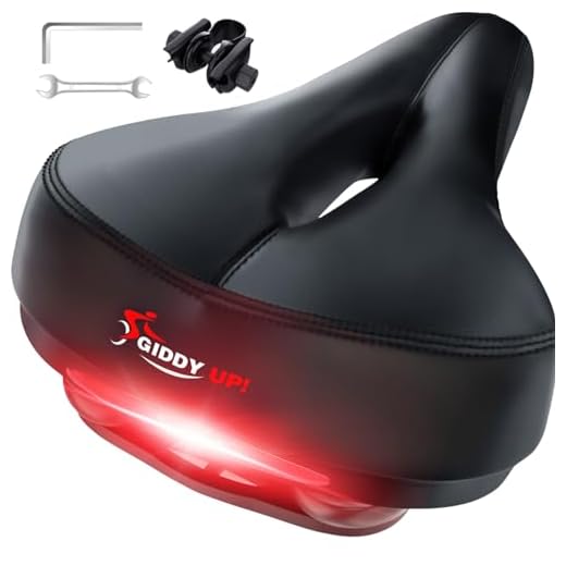 Giddy Up! Bike Seat - Most Comfortable Memory Foam Waterproof Bike Saddle, Universal Fit, Shock Absorbing Including Mounting Wrench - Allen Key - Reflective Band and Waterproof Protection Cover