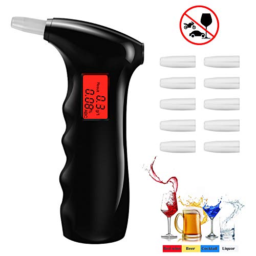 Preisvergleich Produktbild LanFun Alkoholtester Polizeigenau Atemalkoholmessgerät, Professioneller Akkurater Tragbares Atemalkoholtester Halbleiter Sensorik Digitaler LCD Bildschirm Promilletester mit 10 Mundstücke (Schwarz)