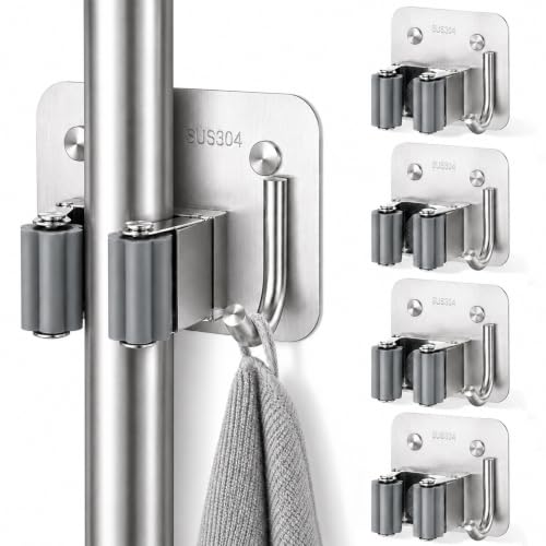 Broom Holder Wall Mount 4 Pack, Heavy Duty Mop and Broom Hanger with Hooks | Innovihue 304 Stainless Steel Broom Hanger, Self Adhesive or Screw Mount Organizer for Kitchen Laundry Garage