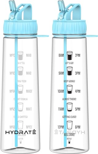 HYDRATE 900ml Water Bottle with Straw - Clear, BPA-free Tritan, Motivational Time Markings for Daily Intake. Ideal Leak-Proof Water Bottle for Gym, Sports, Kids, and Office Hydration - Sky Blue