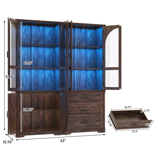 Image of 75 inch Tall Farmhouse Kitchen Pantry Cabinet with LED Lights,4 Doors Wood Storage Cabinet w Arched Glass Doors /Drawers,Pantry Organizers and Storage,Rustic Wood Cupboard for Kitchen,Dining Room(Brown)