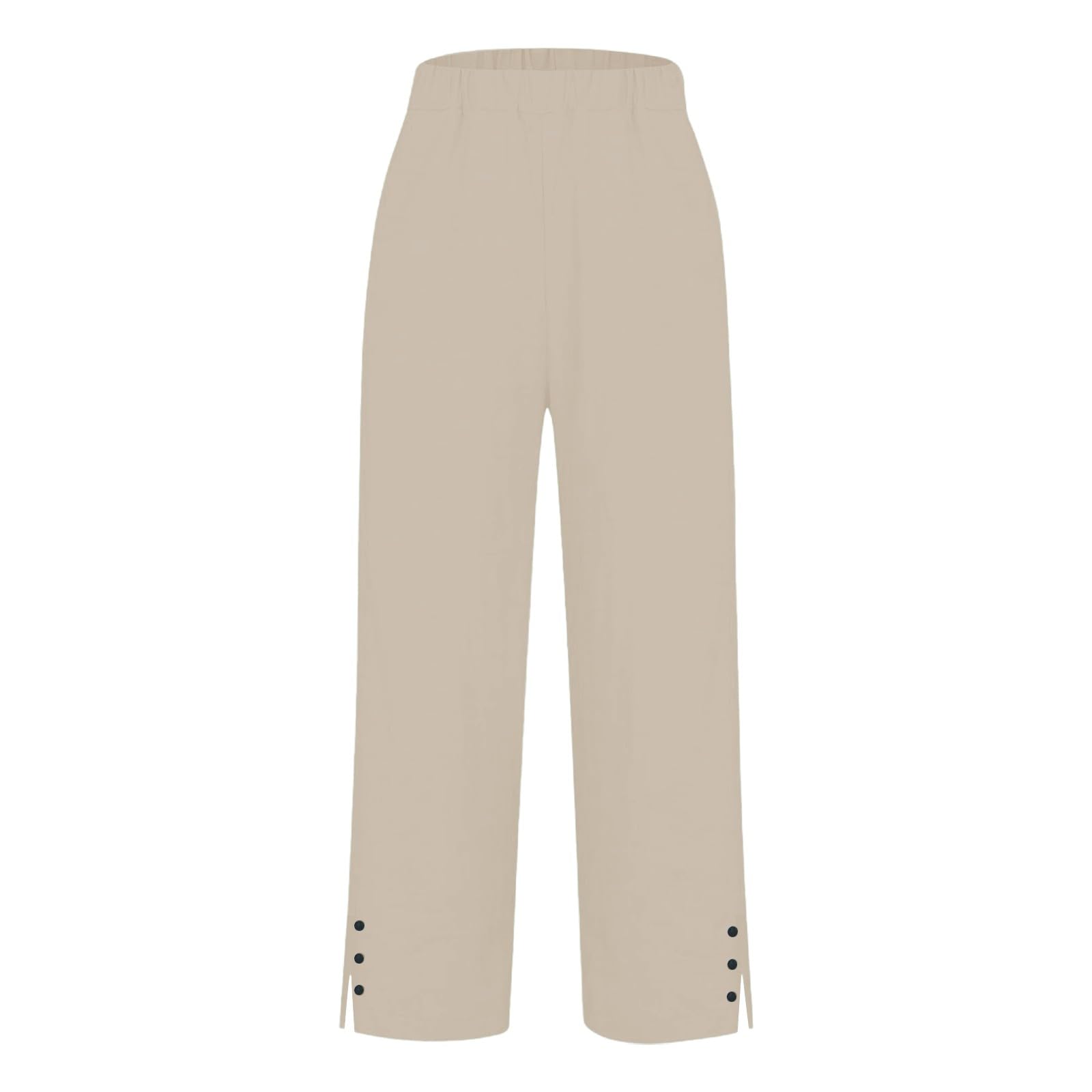 Cocila Pantalon Coton Et Lin Femme Fluide Droit pour Femme Élastique Long en Lin Taille Haute Coton Décontracté Fendu Jambes Pantalons Femmes Elastique Ou Ete Leger Été Harem Souple
