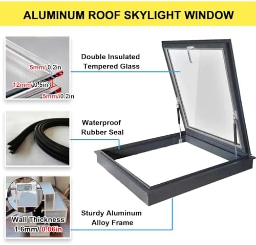 Heavy Duty Roof Skylight Cover with Double-Layer Tempered Glass - Custom Size 51-101 CM, Manual Venting Deck Window, Ideal for Home & Office (61x76cm/24x30in)