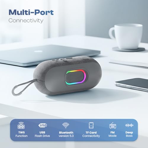 Image of LAPCARE Ozzie 10W Bluetooth Speaker with RGB Lights, TWS Stereo Sound, Dual Bass Radiators, Bluetooth 5.3, 8H Playtime, Portable Wireless Speaker with AUX & USB Support, Made in India - Grey