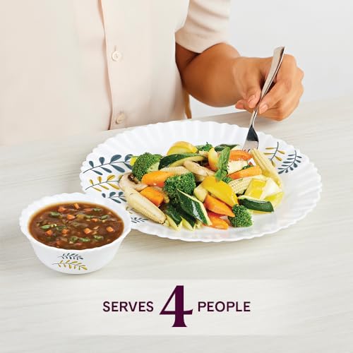 Image of Larah by Borosil Niva Fluted Series Opalware Dinner Set | 13 Pieces for Family of 4 | Microwave & Dishwasher Safe | Bone-Ash Free | Crockery Set for Dining & Gifting | Plates & Bowls | White
