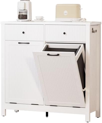 GOODONE Double Tilt Out Laundry Hamper Cabinet, 10 Gallon Farmhouse Trash Can Cabinet with Laundry Storage Basket, Hidden Wood Garbage Cabinets with 2 Drawers for Bathroom, Kitchen (White)