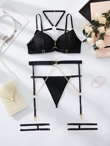 Image of Lilosy Sexy Pu Leather Strappy Underwire Garter Belt Lingerie Set