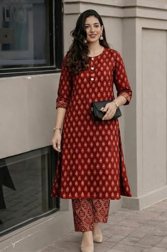Image of ANNI Designer Kurta Set for Women Viscose Printed | Kurti Set for Woman | Kurta Pant Set | 2 Piece Set Women | Mandarin Neck 3 /4 Sleeve Regular Fit Stylish Ethnic Outfit Clothing