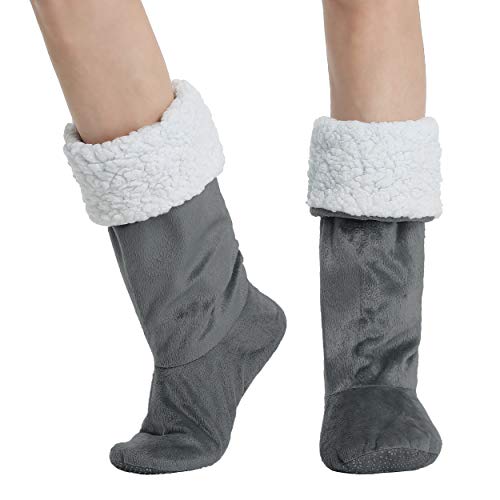 Cozy Non-Skid Sherpa Slipper Socks, Super Soft Warm Fuzzy Lined Booties Slippers, Gray