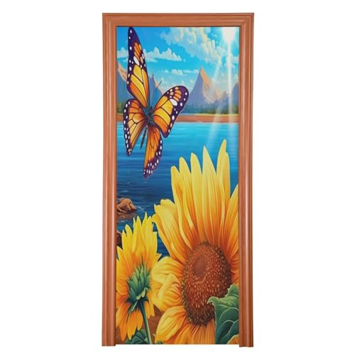 FLildon Beach Sunflower Butterfly Door Cover Decoration, Party Accessory Porch Decor for Festive Ornament Room Door Covers 36 x 98 Inch