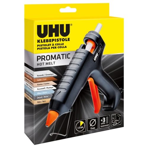UHU Heißklebepistole PROMATIC inkl. 3 transparente Klebesticks 11 mm schnell einsatzbereit in 58 Min. leistungsstark für Holz Metall Glas Textilien & mehr