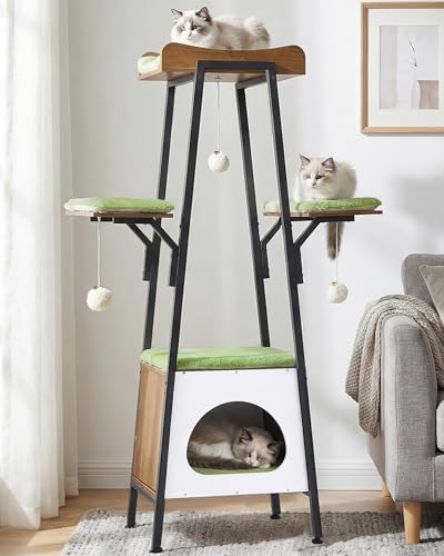 VERSASKY 46-Inch Modern Cat Tree Tower for Large Cats Multi-Level Cat Tower with Playful Toy Balls Large Perch Cat Condo Removable Pads Green