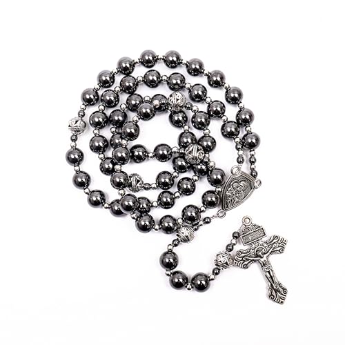 Image of Nazareth Store Hematite Rosary Black Stone Beads Necklace Metal Beaded Silver-Plated Medal & Cross for Men NS