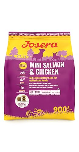 JOSERA Mini Salmon & Chicken (5 x 900 g) | Adult Mini | Premium Trockenfutter für ausgewachsene Hunde Kleiner Rassen | kleine Kroketten | mit leckerem Soßenpulver auch nass zu verfüttern | 5er Pack