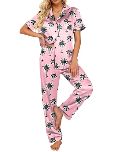 Image of Ekouaer 2 Piece Satin Short Sleeve Pajamas Set Button Down Sleepwear | Soft Pjs Set Classic Loungewear for Wedding, Party, Home, Daily Wear, Date Nights
