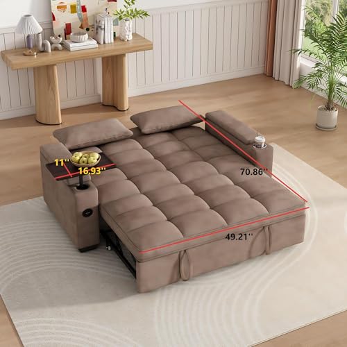 Image of Dreamzie 65'' 3 in 1 Convertible Sleeper Sofa Bed, Chenille Pull Out Couch for Living Room with 90 Swivel Side Table, Loveseat Sleeper with Charging Port | Side Pocket | Cup Holders, Khaki
