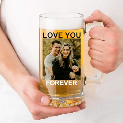 EKAM Personalised Beer Mug with Your Photo Logo or Text - Fun Gift for Birthdays Christmas Best Friend Graduation Groomsman - Color Printed Custom Design 17oz Glass Beer Mug