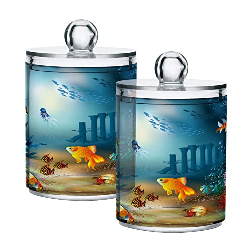 4 Pack Qtip Holder Dispenser Sea Ocean Theme Cartoon Sea Animals Sea Fish Seaweed Jellyfish Starfish Bathroom Organizer Canisters for Cotton Balls/Swabs/Pads/Floss,Plastic Apothecary Jars fo 137