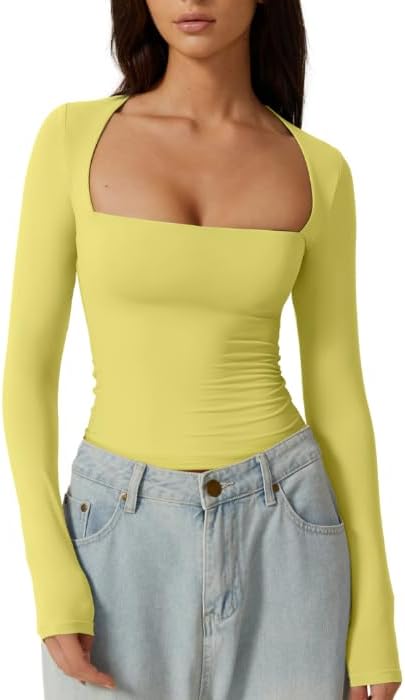 QINSEN Women's Sexy Square Neck Shirt Long Sleeve Double Lined Tees Fitted Going Out Tops