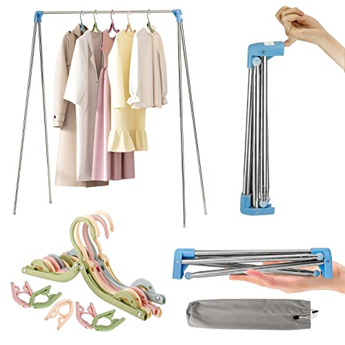 Portable Garment Rack, Clothes Drying Rack Folding Indoor Outdoor, Foldable Mini Drying Clothes Rack For Laundry, Travel, Camping, Hotel, Dance (1 Portable Clothes Rack + 10 Mini Clothes Hangers) #TOP5