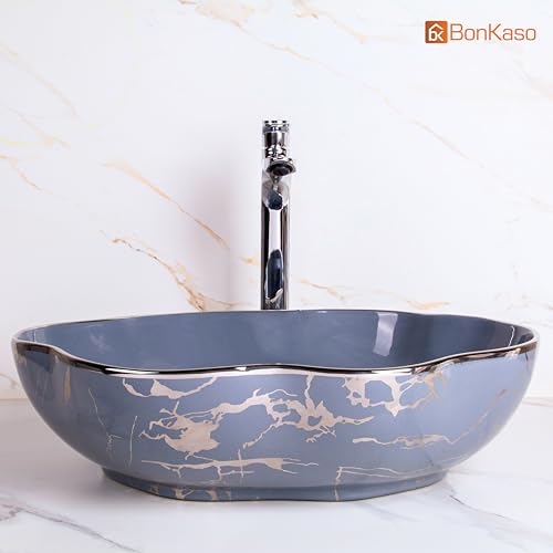 Image of BONKASO Cloud Designer Table Top Wash Basin | Premium Polished Ceramic Bathroom Sink | 50 x 40 x 14.5 cm Counter Top Basin | Modern Grey Silver Glossy Finish