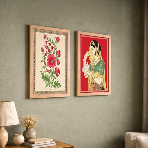 Image of NoWorries Floral Traditional art Set of 2 Wall Frames /Rajasthani Theme Paintings for Wall decoration Home and Cafe Decor - Madhubani art Wall Framed Posters - Traditional Frames for Living room, Dining room and Bedroom Decor (Synthetic Wood frame) (Leminated 300 GSM Pigment Digital Print) (framed, Multicolur) Set of 2
