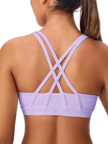 Image of Women's Strappy Sports Bras Light Compression Crop Criss Cross Back Padded Workout Yoga Bra Supportive U Neckline