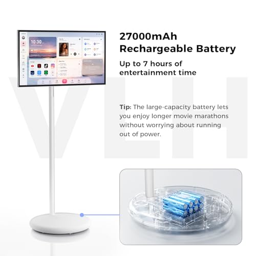 Image of VLH 27″ FHD Touch Screen Rolling TV, Smart Portable TV on Wheels, 6G+128GB, 27000mAh Battery, Android 15 OS, EDLA-Certified, Wireless Tablet TV with Voice Remote Control, Built-in 13MP Camera