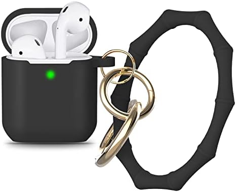 FSZOPO Silicone AirPods Case Cover, Protective Cover Skin with Key Ring Bracelet Keychain for Women Men Compatible Apple 2nd 1st Generation Charging Case(Front LED Visible)-Bamboo Shaped, Black