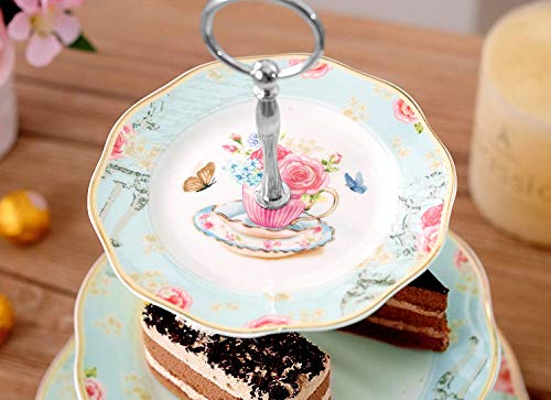 YBK Tech Vintage 3 Tier Porcelain Cake Stand Dessert Display Stand Cakes Platter Food Rack (Light Blue)