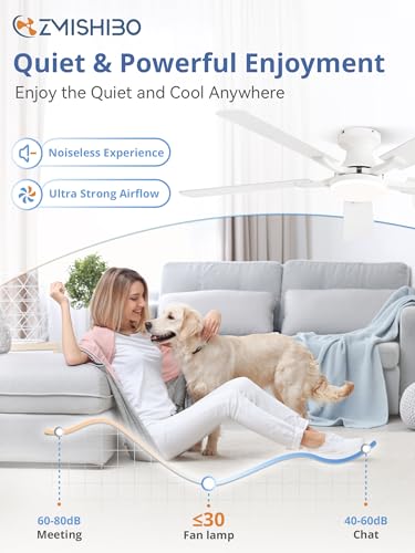 Image of ZMISHIBO 52 Inch Ceiling Fan with Light, App&Remote Control, Flush Mount Low Profile, Dimmable 20W LED Light, Quiet Reversible Motor for Bedroom, Living Room, Apartment, White