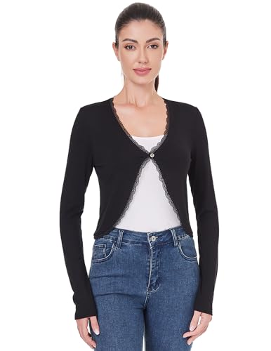 Image of AmelieBoutik Women Long Sleeve Lace Trim Open Front Bolero Shrug Cropped Cardigan