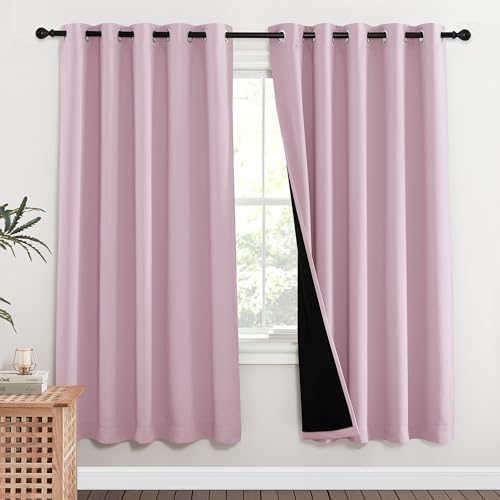 Image of NICETOWN 100% Blackout Window Curtain Panels, Baby Pink, 2 Pieces, 70-inch Wide Per Panel, Full Light Blocking Drapes with Black Liner for Nursery, 72-inch Drop Thermal Insulated Draperies