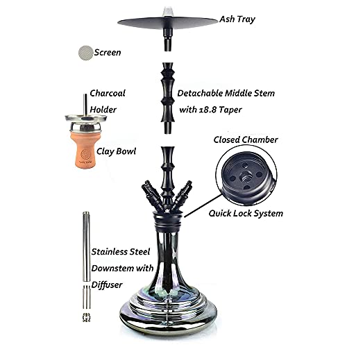 Shisha Set 29" Aluminium Shisha Kit mit stabilem Glastank Silikon Shisha Schlauch Ton Shisha Schüssel 4 Schlauchadapter für besseren Rauchgenuss – Bild 4