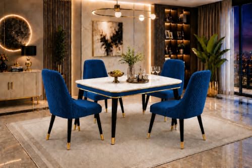 Image of WOODEN SPACE Majestic 4 Seater Wooden Dining Table Set | Urban Marble Top Dining Table with Chairs for Dining Room & Kitchen (Modern Vento Navy Blue) (54 x 36 x 30 inch)